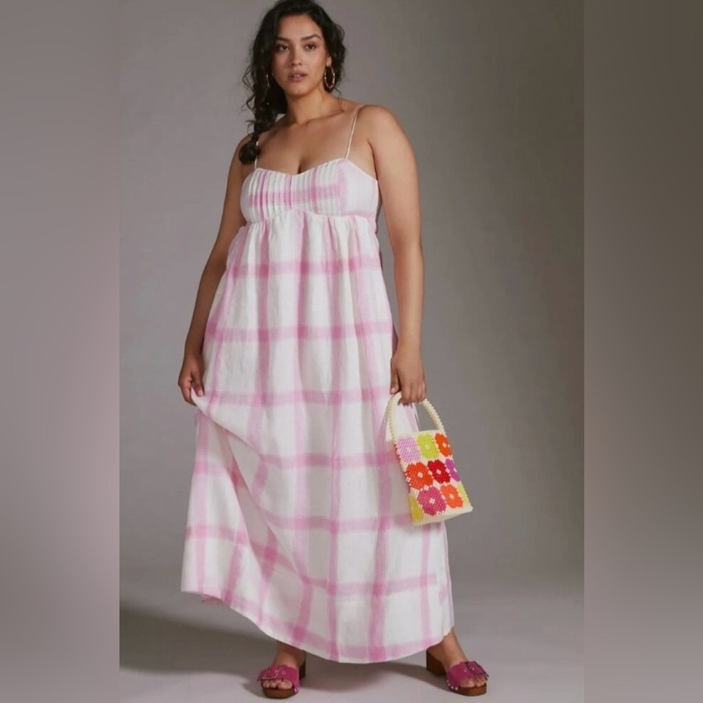 Anthropologie Maeve Pink Plaid Linen Dress